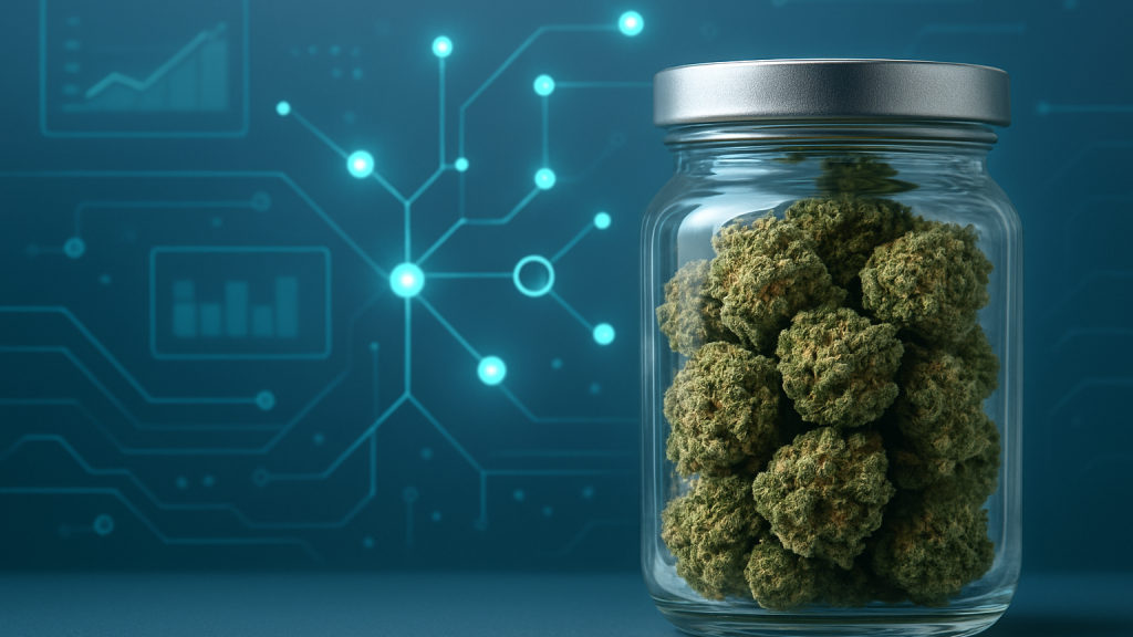 A glass jar filled with green cannabis buds against a tech-inspired background with abstract lines and dots.
