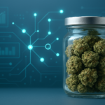 A glass jar filled with green cannabis buds against a tech-inspired background with abstract lines and dots.
