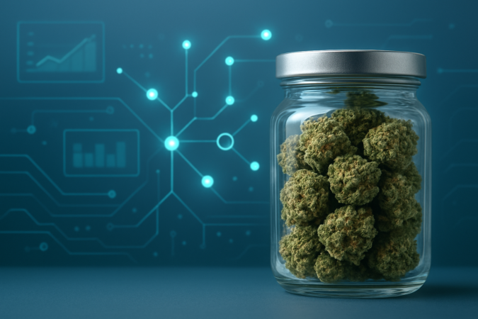 A glass jar filled with green cannabis buds against a tech-inspired background with abstract lines and dots.