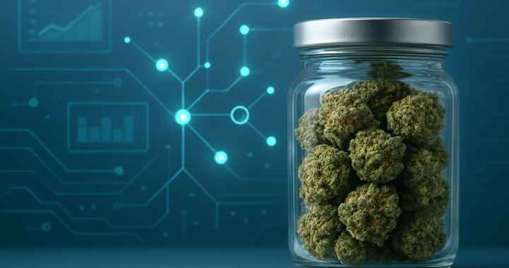 A glass jar filled with green cannabis buds against a tech-inspired background with abstract lines and dots.