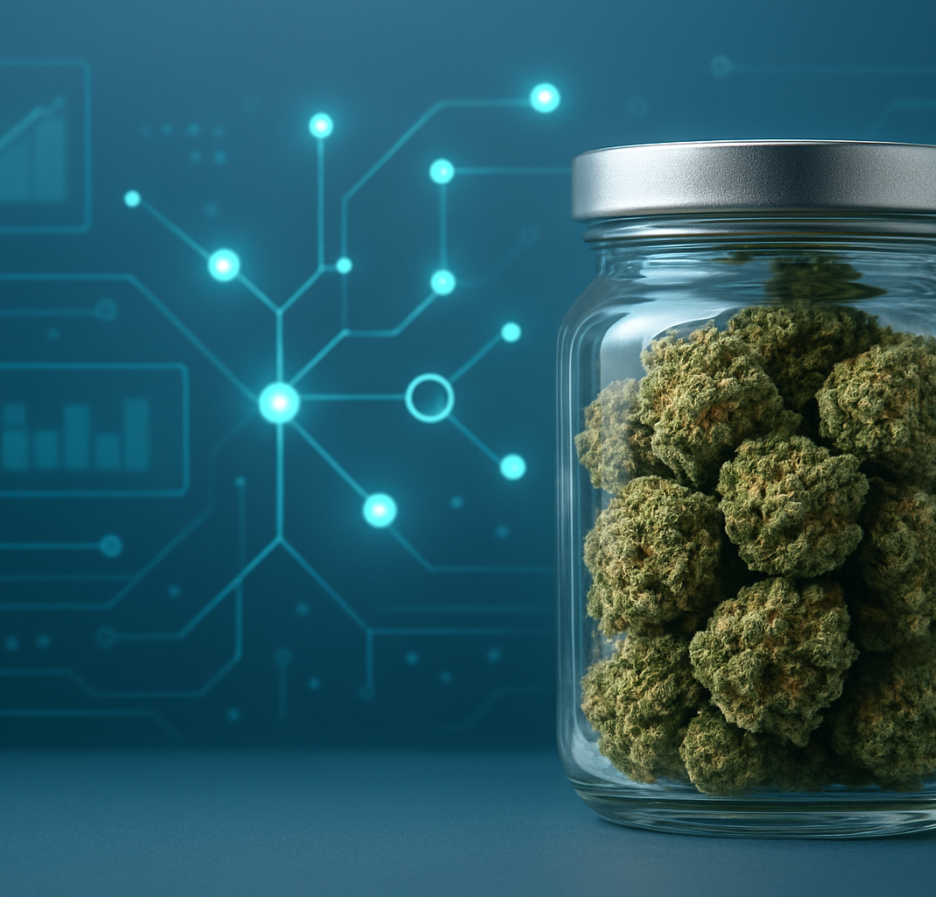A glass jar filled with green cannabis buds against a tech-inspired background with abstract lines and dots.