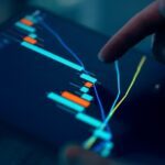 Close-up of a finger pointing at a financial trading chart on a tablet