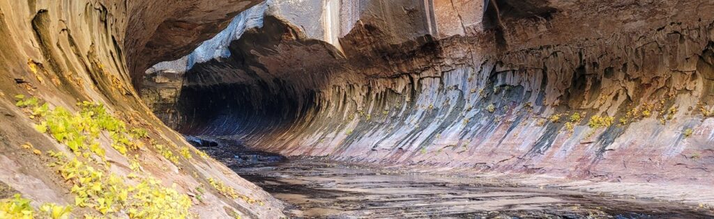 A natural rock formation resembling a canyon with flowing water at the bottom, surrounded by earthy colors and foliage.