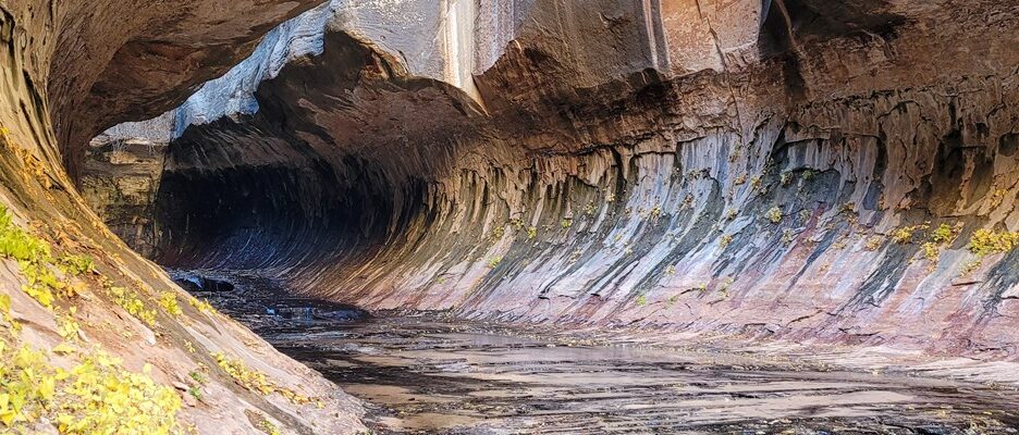 A natural rock formation resembling a canyon with flowing water at the bottom, surrounded by earthy colors and foliage.