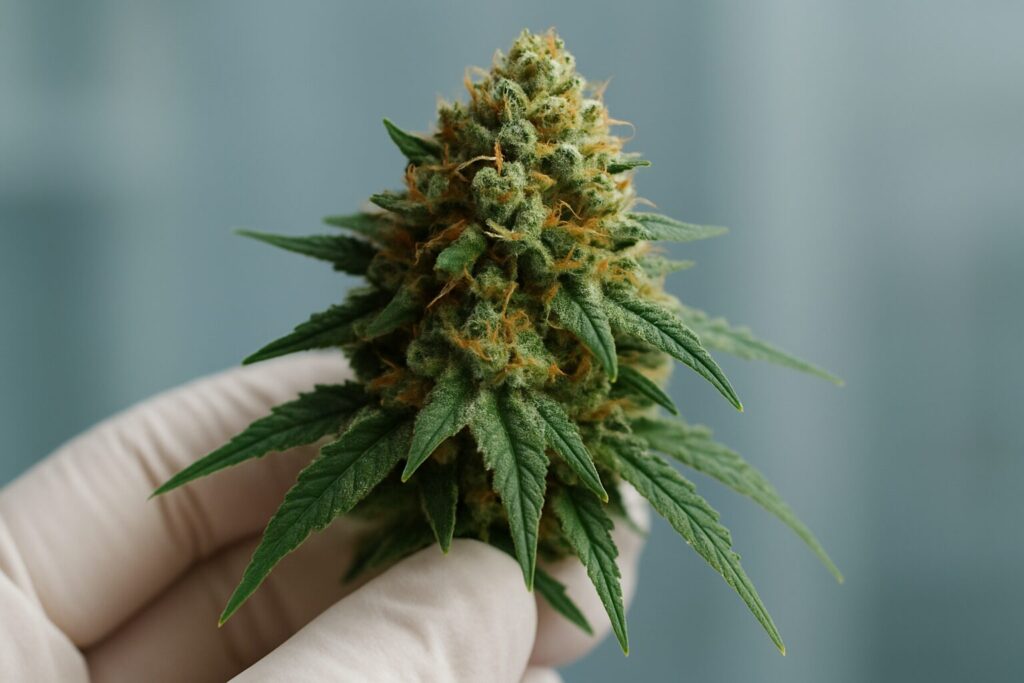 close-up of a green cannabis flower being held