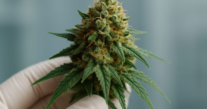 close-up of a green cannabis flower being held