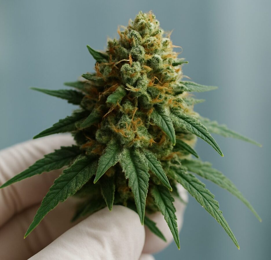 close-up of a green cannabis flower being held