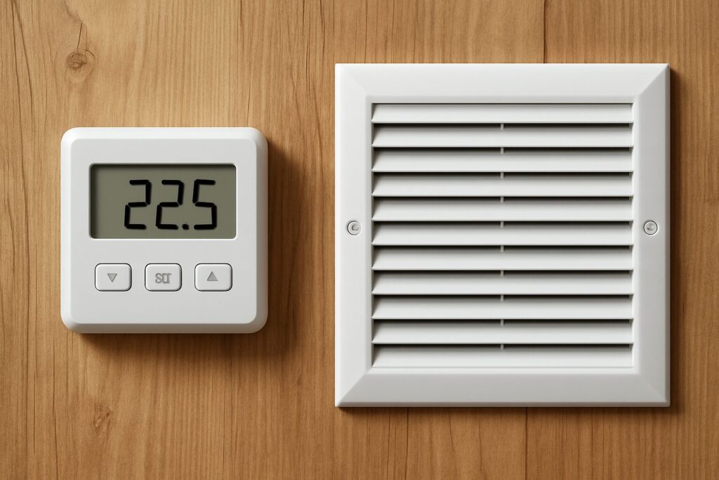 HVAC thermostat and air vent against a wooden background