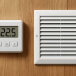HVAC thermostat and air vent against a wooden background