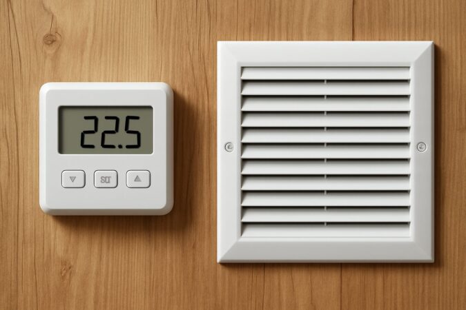 HVAC thermostat and air vent against a wooden background