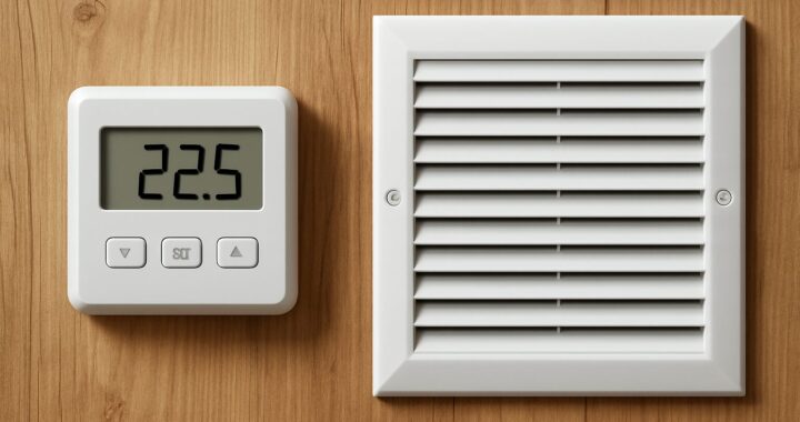 HVAC thermostat and air vent against a wooden background