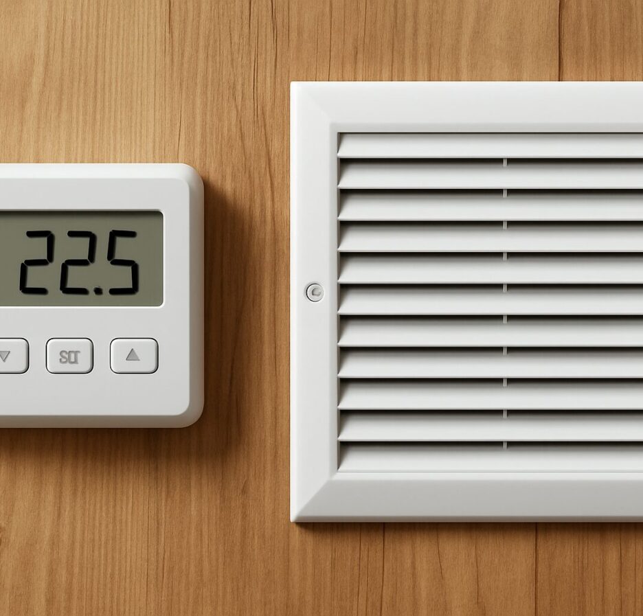 HVAC thermostat and air vent against a wooden background
